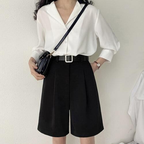 Woman Pants Harajuku Plus Size Suit Short Black Gray Loose High Waist Shorts Pockets Wide Leg Pants Solid Office Femme Summer