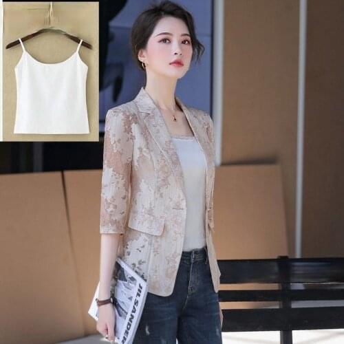2021 Single Button Sunscreen Lace Blazers Women Summer Office Lady Solid Minimalist OL Suit Jacket Tops Plus Size 4XL Y205