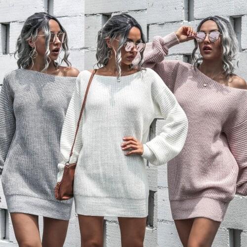 Womens Autumn and Winter Leisure Strapless Lantern Long-sleeved Knitted Sweater Dress Sexy White Oblique Shoulder Short Dress