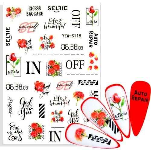 1pcs 3D Nail Sticker English Letter Decor For nail Foil Simple Chic Red Bloming Rose Nails Accessories Fashion Manicure Decals