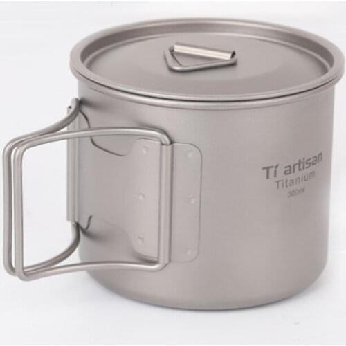300ml Tiartisan Pure Titanium Cup Water Mug Drinking Cup with Lid Folding Handle Perfect for Camping Outdoor Domestic Use Ta8302
