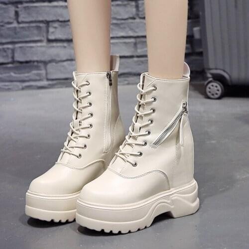 Fashion Buckle Chunky Boots Women Casual Lace Up Platform Ankle Boots Woman Waterproof Pu Leather Punk Botas Mujer