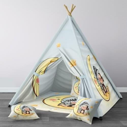 Play Tent for Kids Wigwam Portable Indoor Playground Tents Children Bedrooms Light Blue Yellow Moon Monkey Model 315