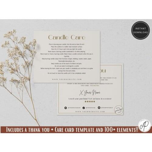 Candle Care Card, Luxury thank you template, Editable and Printable thank you business card, Candle Care Card, Instant Download