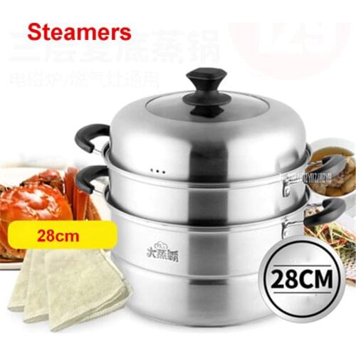 ZGH2801 stainless steel steamer pot diameter 28cm stew pot 3 layer cooking pot can be induction kicthen gas cooker visible cover