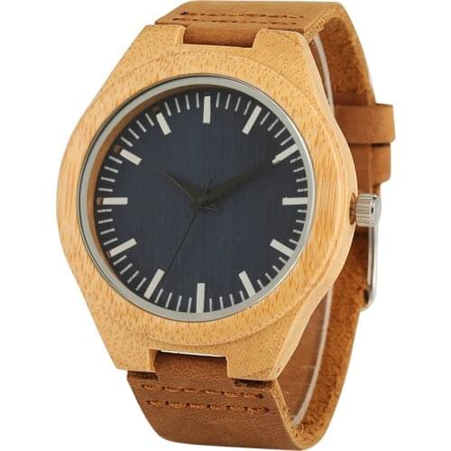 Creative Mens Watches Leather Band Quartz Bamboo Wooden Wrist Watch Men Stripe/Coffee/Dark Blue Color Dial Clock Gift