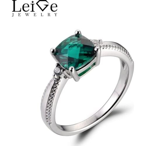 Leige Jewelry Lab Emerald Green Color Gemstone May Birthstone Prong Setting Cushion Cut Classic Rings For Woman 925 Silver