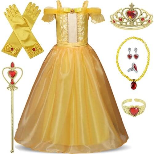 Cosplay Belle Princess Dress Girls Dresses For Beauty and The Beast Kids Party Clothing Magic Stick Crown Children Costume 4-10Y