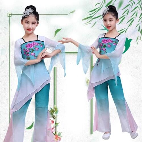 New Childrens Green Classical Dance Costume Girls Elegant Fresh Fan Umbrella Dance Suit National Yangko Stage Dancing Clothes