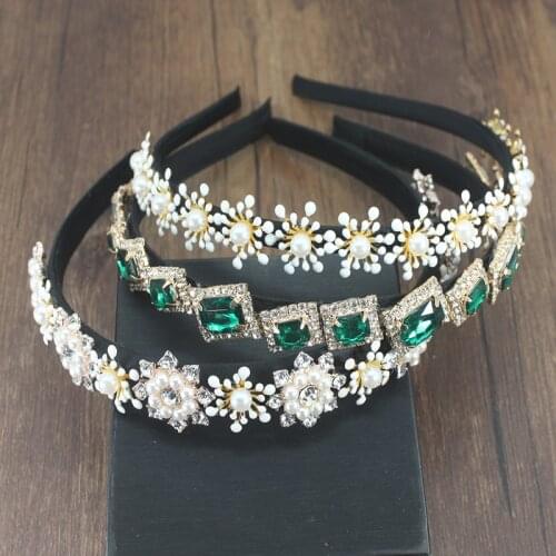 Korean hair accessories luxury green crystal baroque pearl flower hair band elegant rhinestone Diamante hair band for women