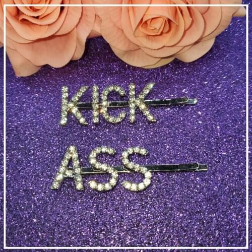 Original Words Hair Pins Bling Bling Word Hairclips "KICK ASS" 2pcs/set Funny Saying Words Hairslide Unique Hair Accessories