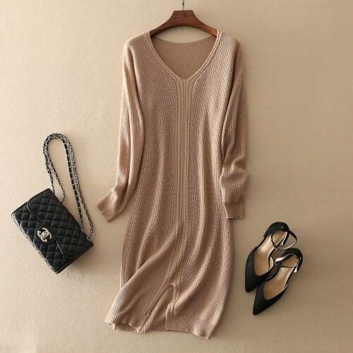 Autumn/winter Cashmere Dress Long Sleeves Solid Color Christmas Dress Girl High-end Bottoming sweater Womens Pure Cashmere Dress