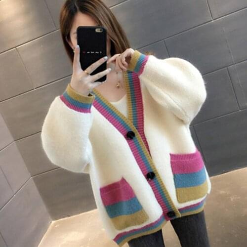 Autumn Winter Korean Patchwork Knitted Sweater Women Student Tops Loose Long Sleeve Big Pocket Knitting Cardigan Ladies Jumper