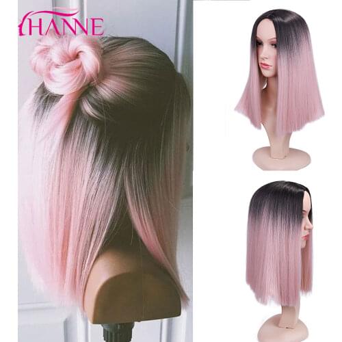 HANNE Ombre Light Pink/Grey Straight Shoulder Length Synthetic Wigs Heat Resistant Hair For Black/White Women Cosplay Or Party
