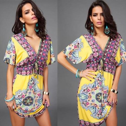 Vintage summer V-neck dresses Waist drawstring de festa dress vestidos summer style Indian baroque dress