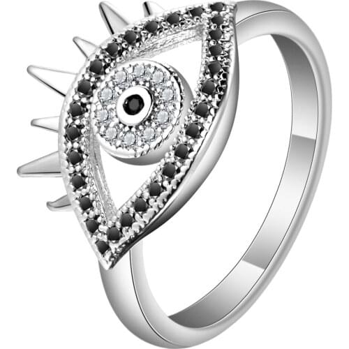 Vintage Turkish Women Rings Fashion Ancient Silver Color Jewelry Black Crystal Cute Evil Eye Shap Rings for Women Jewelry