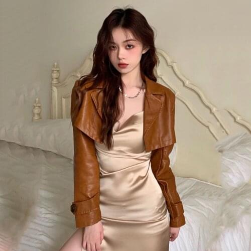 2021 Top Brown Faux Leather Jacket for Women Fashion PU Leather Lady Coat Jackets With Zipper Outerwear Long Sleeve Female