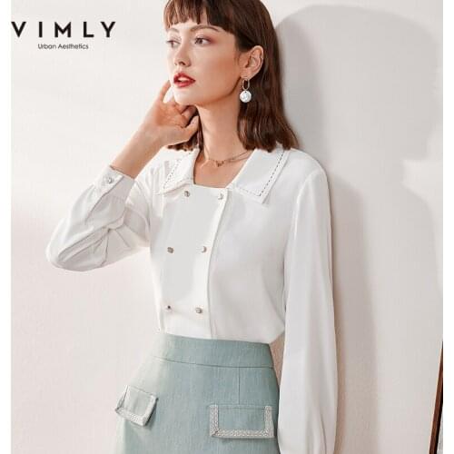 Vimly Office Lady Elegant Blouse Fashion Turn Down Collar Solid Double Breasted Chiffon Shirts Autumn Blusas Feminina F0015