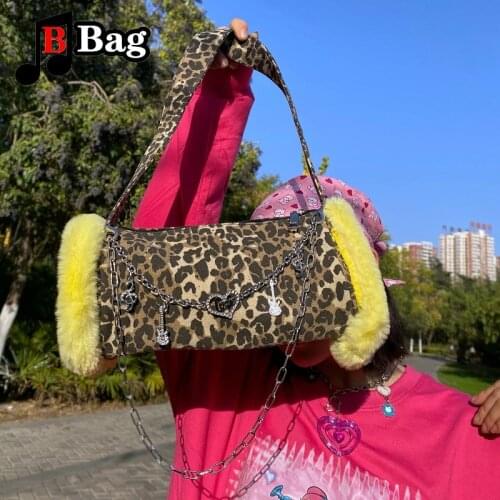 Y2K Womens leopard shoulder bag ladies Plush stitching fashion underarm bag Cool girl Flash drill chain Handbag tote Bucket bag