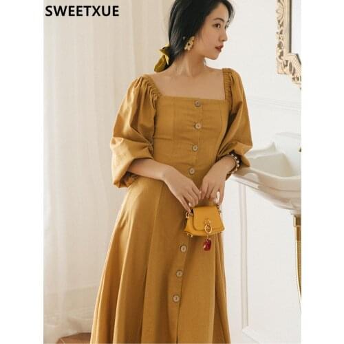 SWEETXUE Summer 2021 New French Retro Square Collar Dress Temperament Fashion Elegant Party Long Chic Dress Female Vestido Mujer
