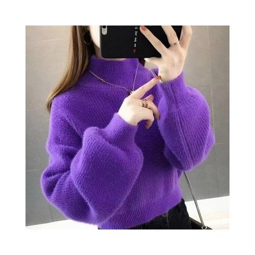 2021 Winter Women High Collar Bottoming Shirt White Sweater Lantern Sleeves Purple Orange Black Loose Pull Femme Ladies Sweaters