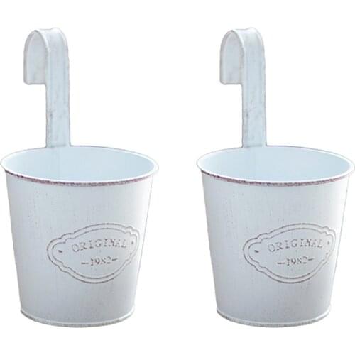2PCS Hanging Flower Pots Balcony Fence Planters Flowerpot Metal Tin Bucket Indoor/Outdoor Removable Hook