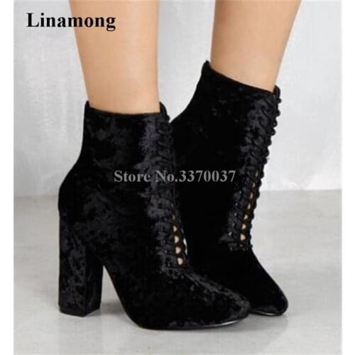 2018 New Fashion Round Toe Black Velvet Lace-up Chunky Heel Ankle Boots Elegant Thick Heel Short Boots Dress Shoes