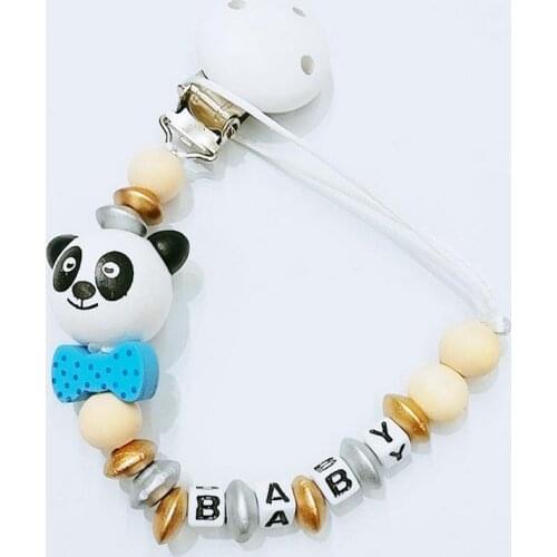 50pcs Pacifier Clip With Name Cartoon Panda Wood Beads BPA Free Wooden Teething Toys Pacifier Chain