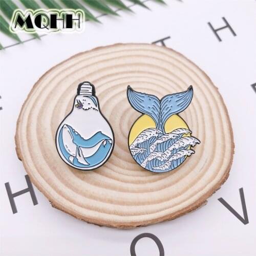 Cartoon Fun Blue Bulb Animal Whale Sea Spray Enamel Brooch Alloy Badge Denim Clothes Bag Pin Cute Sweet Jewelry Gift For Friend
