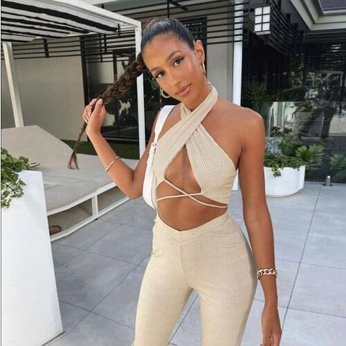 Elegant 2 Two Piece Sets Women Chic Bandage Crop Top Casual Straight Pants Kniting Outfit Suits 2021 Clothing Streetwear