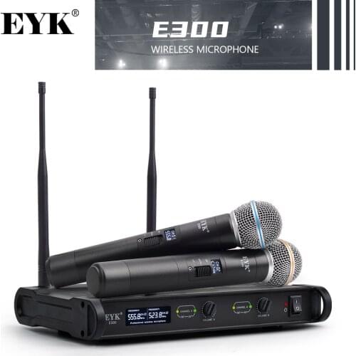 EYK E300 UHF Dual Channel 2 Metal Handheld Mic Transmitter with MUTE Function Professional Karaoke Wireless Microphone System