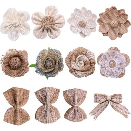 5Pcs Handmade Jute Burlap Rose Artificial Flowers Hessian Ribbon Bow Vintage Rustic Wedding Home Decoration DIY Craft Supplies