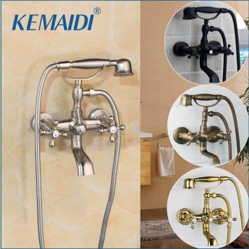 KEMAIDI Antique Brass Wall Mounted Mixer Tap 2 Functions Double Handles Bathroom Bathtub Shower Faucet Set Rainfall Hand Shower