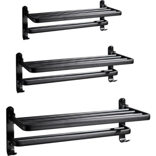 Space Aluminum Black Towel Rack Wall Mounted Folding Towel Holder Storage Shelf R9JC