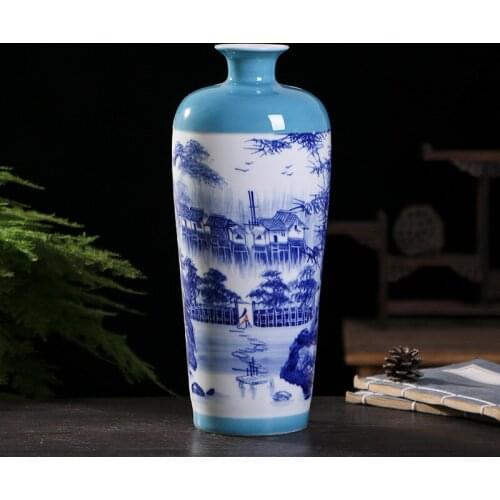 Beautiful Chinese Hand Painted Lotus Bamboo Landscape Pattern Ceramic Porcelain Vase Home Decoration Ornaments