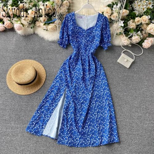 Summer Woman Dress French Romance Retro Floral Print Blue Long Dresses Women Ruffle Puff Sleeve Elegant Slim Ladies Office Dress
