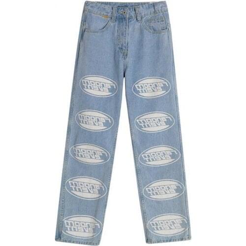 Summer Thin Straight Wide-leg Jeans Womens Printing Light Blue 2021 Fashion Trend Loose Plus Size Pants Fall Trousers -40