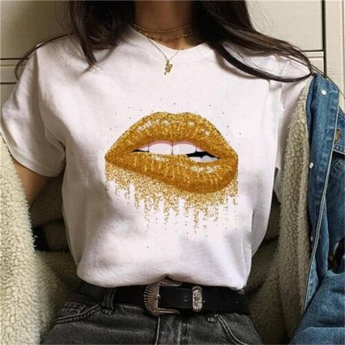 Hot Sales Harajuku Shiny Gold Lips Graphic T Shirt Women Cartoon Grunge T-shirt Fashion Tshirt Ullzang Tops Tee Female Clothes
