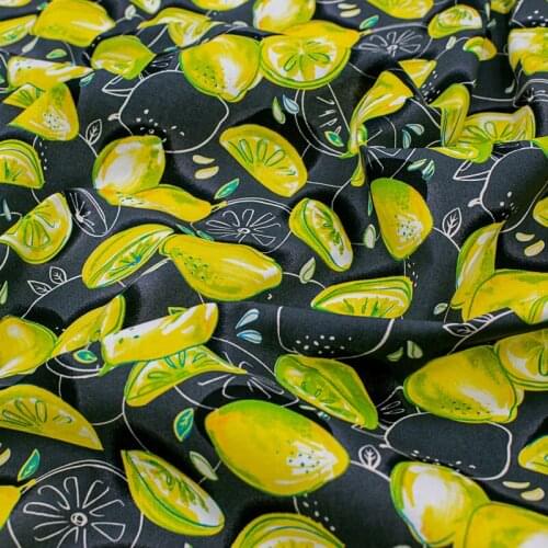 Lemon On Black Cotton Fabric For Dress Tissus Au Mètre Telas Algodon Estampadas Sewing Ткань Для Шитья Vestidos Coton Tissu Tela