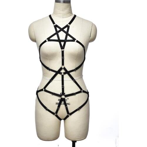 Pentagram Goth Body Cage Belt Black Bodysuit Hollow Bondage Body Set Open Chest Sexy Lingerie Harness Bra Connection G-String