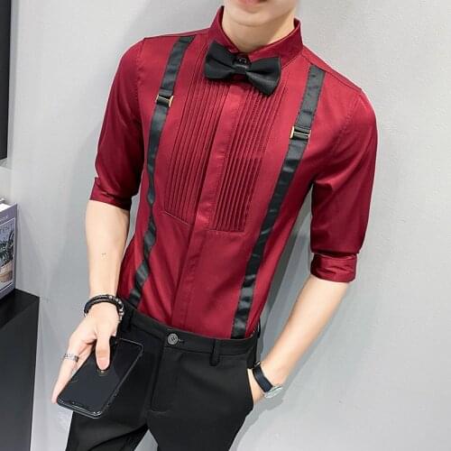 Plus Size 5XL-S Summer Straps Decor Front Fold Design Tuxedo Dress Shirt Men Clothing Simple All Match Slim Fit Casual Blouses