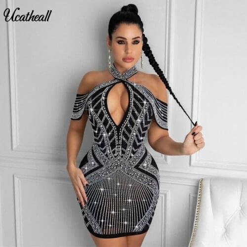 Stand Collar Back Zipper Drop Shoulder Dress Bandage Geometric Hot Drilling Bodycon Celebrity Party Club Vestidos