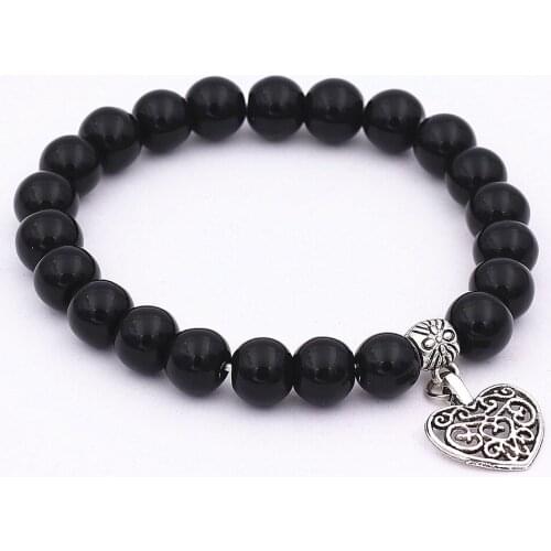 Tibetan Silver Color Plated hollow lovely heart Pendants beaded bracelet Antique loveJewelry 8mm Matte Onyx handmade bracelets