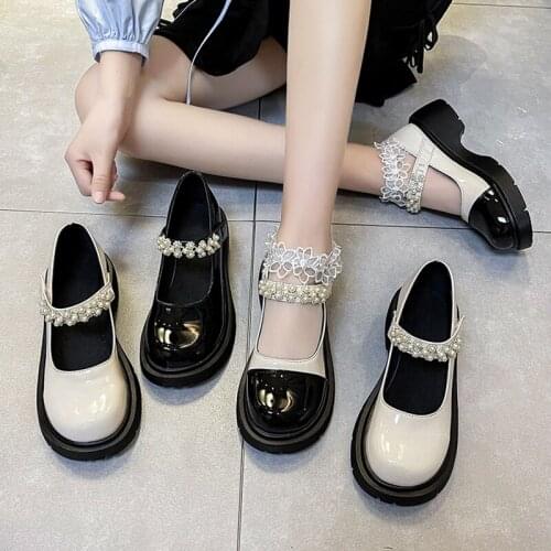 Mary Jane Leather Shoes Women Retro Thick-soled Black Shallow Mouth Rhinestones Pearl Thick Heel Single Shoes