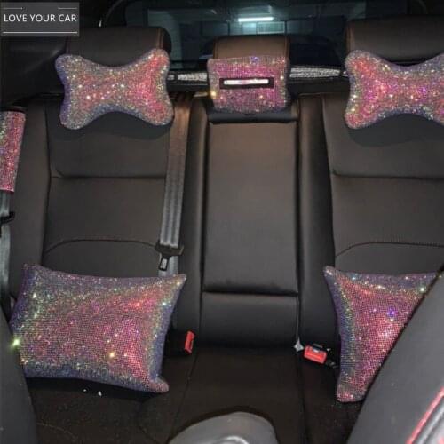 Bling Rhinestone Crystal Car Neck Pillows Waist Support Diamond Auto Headrest Pillow Car Interior Accessories for Girls Women