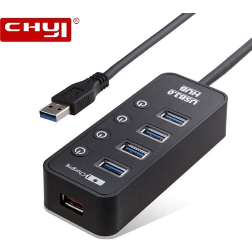 CHYI USB 3.0 HUB USB-A To 4 Port 3.0 With Smart Fast Charging LED ON/OFF Switch External DC 5V/2A Power Supply Splitter Adapter