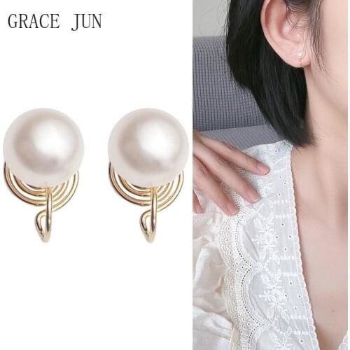 GRACE JUN High Quality Freshwater Pearl Mosquito Coil Clip on Earrings Women Fashion Bridesmaid Wedding Gold Color Cuff Earrings