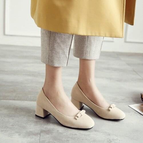 Big Size 11 12 ladies high heels women shoes woman pumps Butterfly-knotted shallow-mouthed square-headed womens single shoes