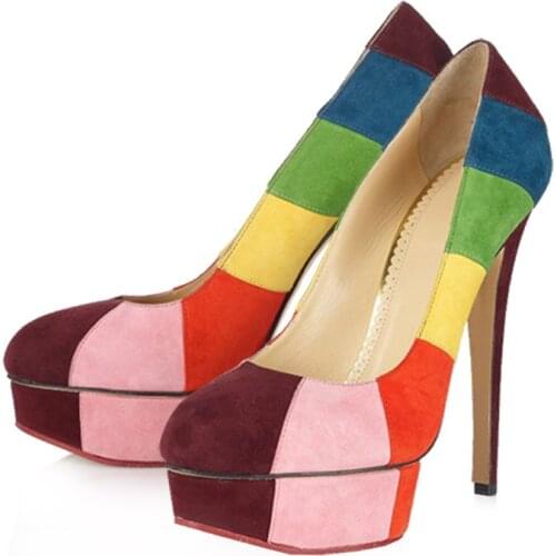 Womens Platform Rainbow Colors Suede Leather Stilettos High Heel Pumps Shoes Sandals Sexy Party 4Colors New2021