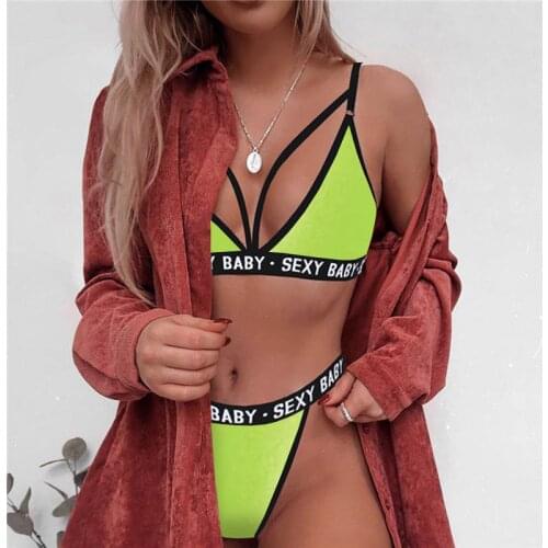 2021 Sexy Eyelash Lace Bra Set Ladies Bralette Push Up Lingerie Bras Briefs Set Women Deep V Back Transparent G-string Panties